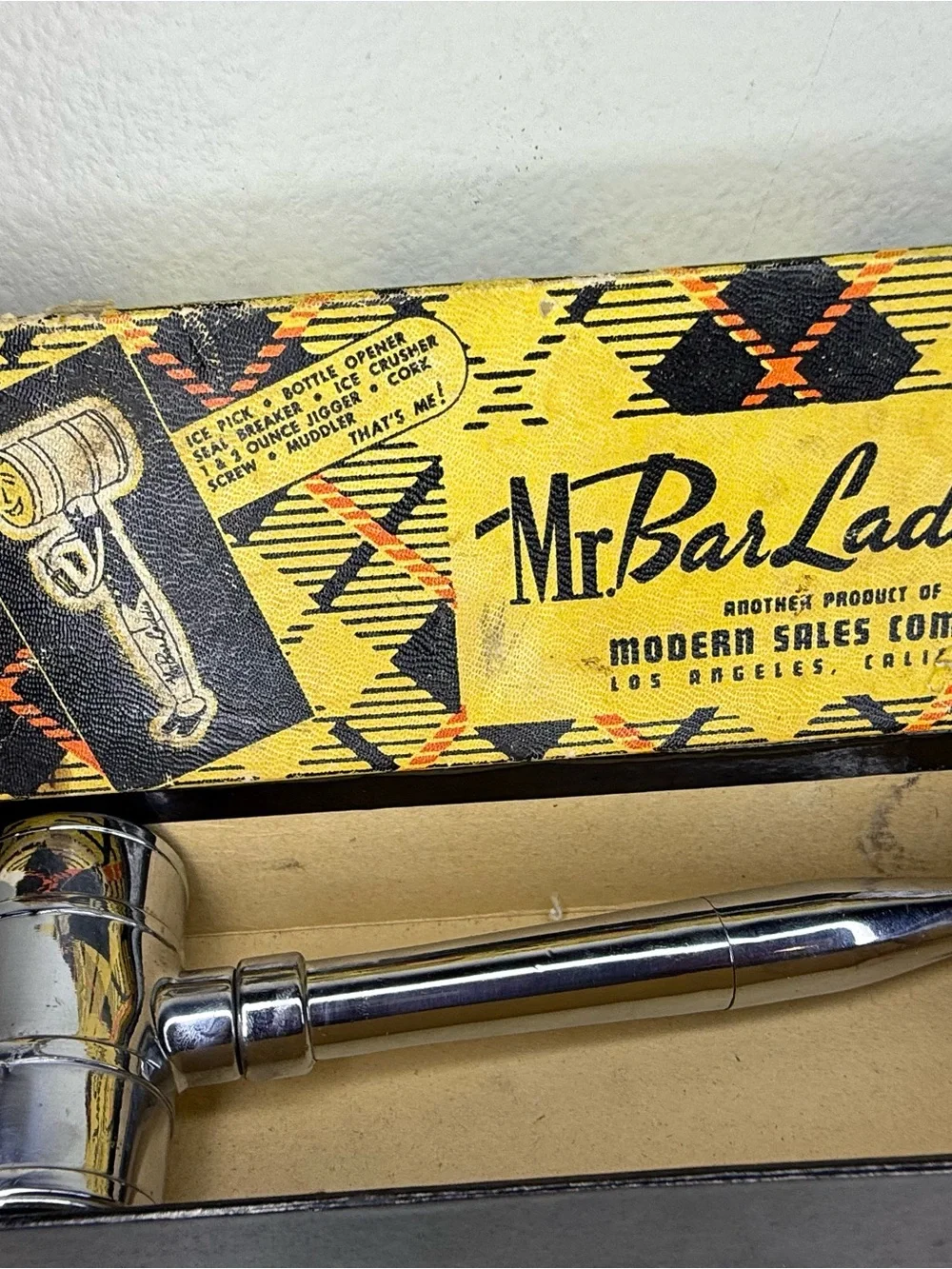 Vintage Mr. Bar Laddie Jr. Jigger, Ice Hammer, Bottle Opener, Corkscrew with box